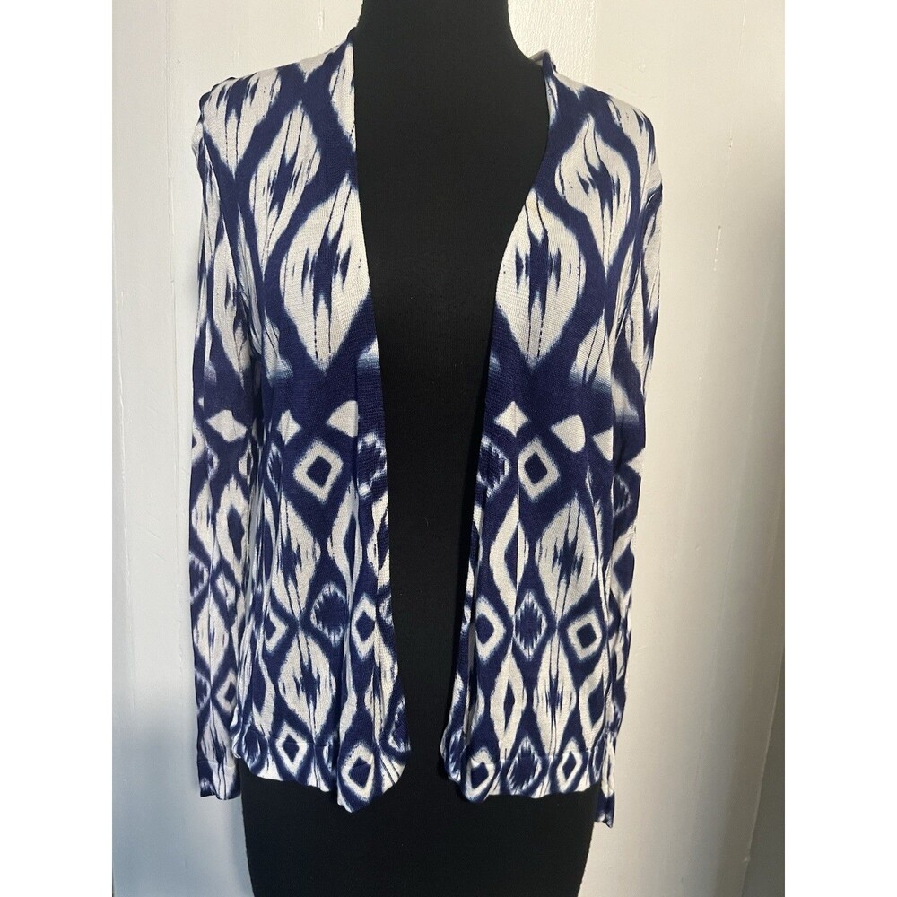 CHICO’s Lightweight Blue & White Ikat Viscose Blend Open Cardigan Sz 1